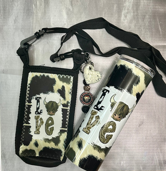 20 oz Skinny Sublimation Tumbler with matching Tumbler Carrier-Cow Love Design
