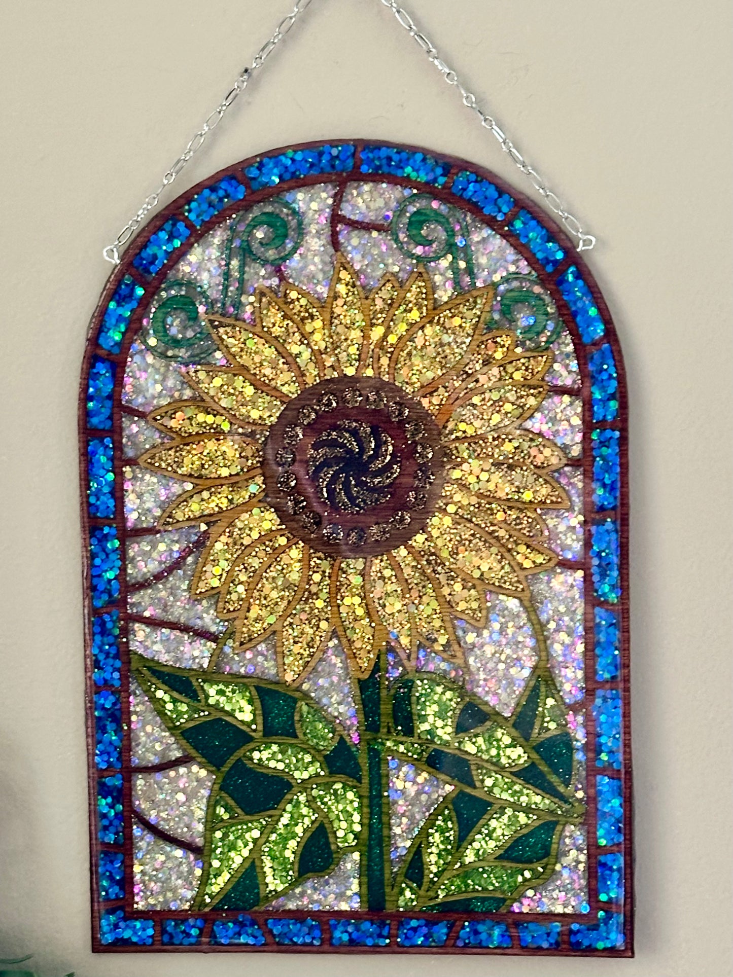 Sunflower Stained Glass Frame Art/Glitter Wood Cut Out