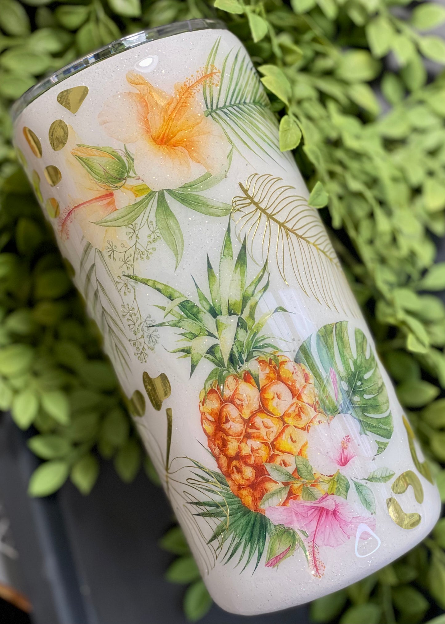 20 Ounce THICK Glitter Tumbler-Tropical Leaves & Flowers-Pineapple