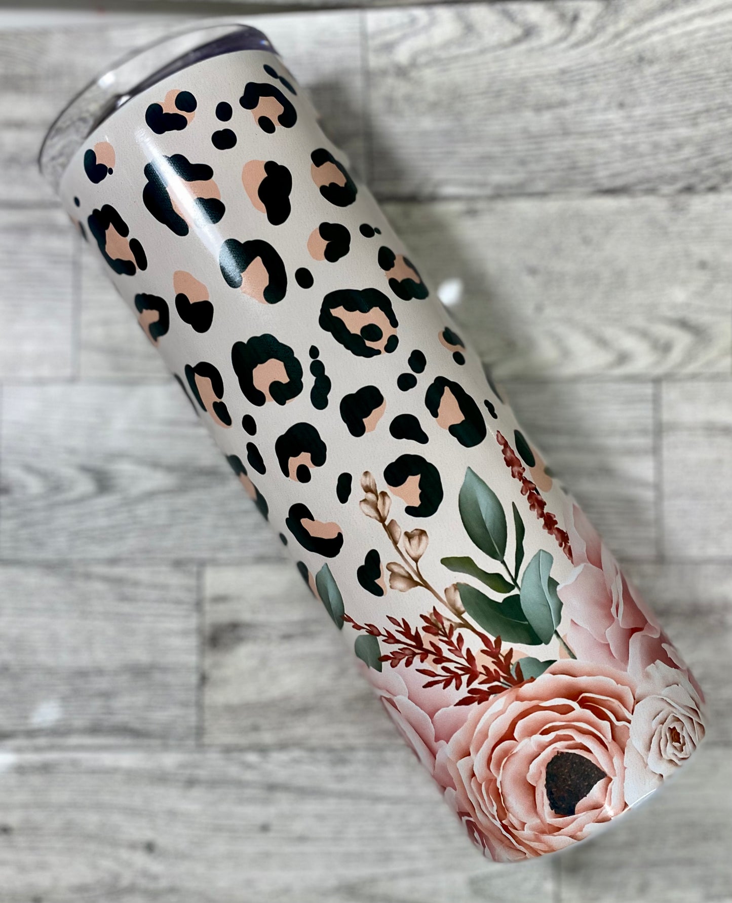 20 Ounce Skinny Sublimated Tumbler- Leopard / Pink Flowers
