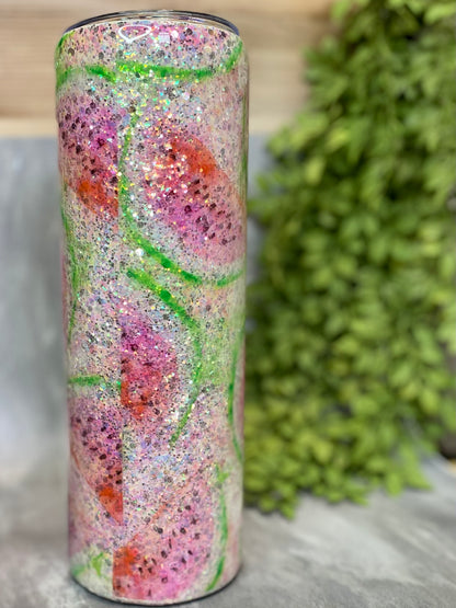 30 ounce Skinny Drinking Tumbler- Glitter and Watermelons- Sweet Summer Time