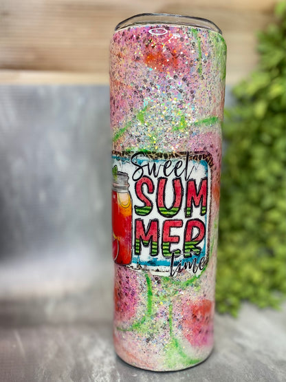 30 ounce Skinny Drinking Tumbler- Glitter and Watermelons- Sweet Summer Time